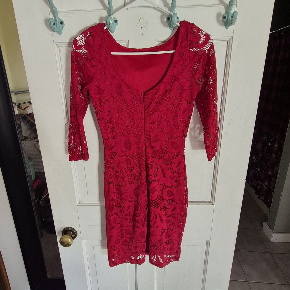Lulu's Vibrant Red Lace Long Sleeve Dress - Picture 2 of 3